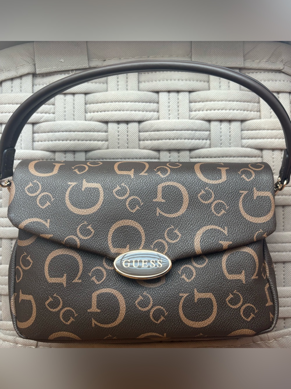GUESS Brown Monogram Shoulder Bag with Detachable Strap